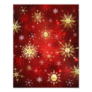 Christmas Golden Snowflakes on Red Background Photo Print