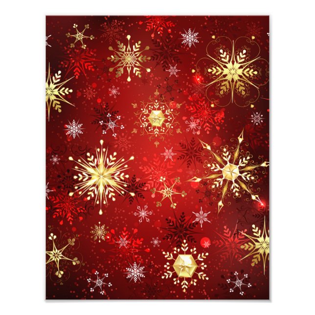 Christmas Golden Snowflakes on Red Background Photo Print (Front)