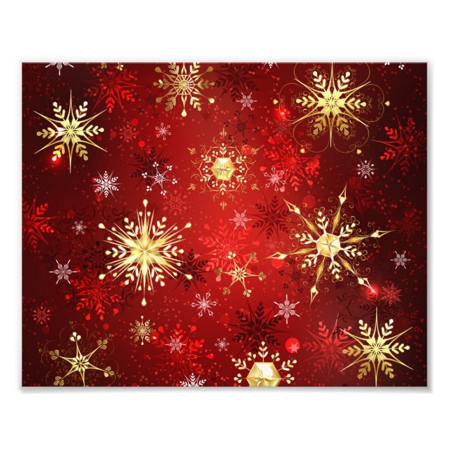 Christmas Golden Snowflakes on Red Background Photo Print (Front)