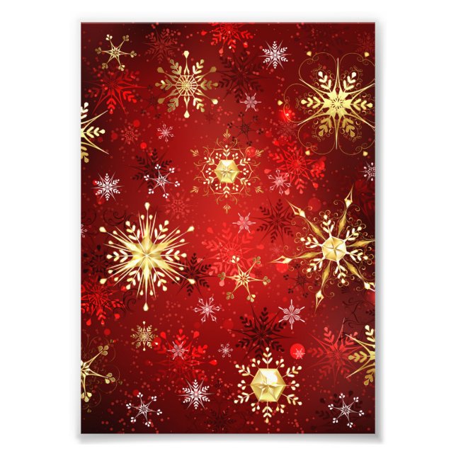 Christmas Golden Snowflakes on Red Background Photo Print (Front)