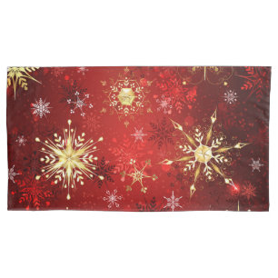 Christmas Golden Snowflakes on Red Background Pillowcase