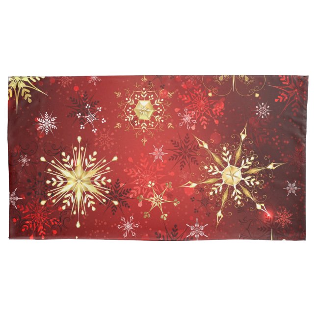 Christmas Golden Snowflakes on Red Background Pillowcase (Front)
