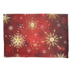 Christmas Golden Snowflakes on Red Background Pillowcase