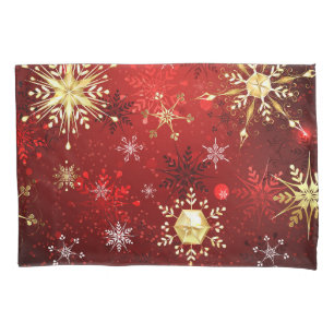 Christmas Golden Snowflakes on Red Background Pillowcase