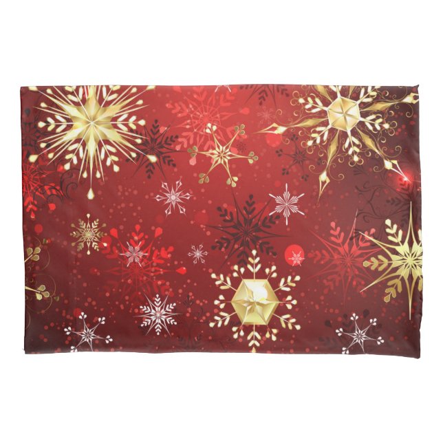 Christmas Golden Snowflakes on Red Background Pillowcase (Front)