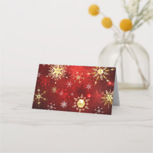 Christmas Golden Snowflakes on Red Background Place Card