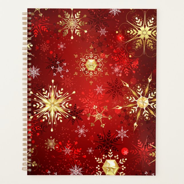 Christmas Golden Snowflakes on Red Background Planner (Front)