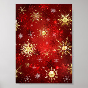 Christmas Golden Snowflakes on Red Background Poster