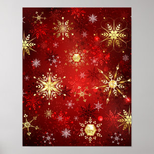 Christmas Golden Snowflakes on Red Background Poster