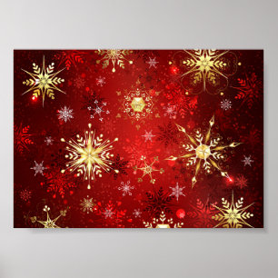 Christmas Golden Snowflakes on Red Background Poster