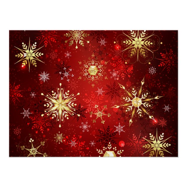 Christmas Golden Snowflakes on Red Background Poster (Front)