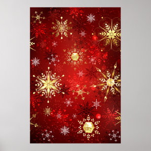 Christmas Golden Snowflakes on Red Background Poster