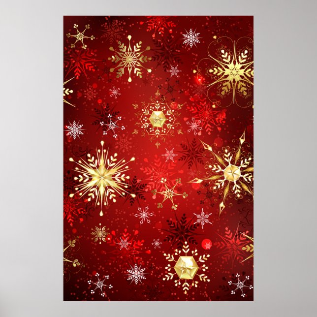 Christmas Golden Snowflakes on Red Background Poster (Front)