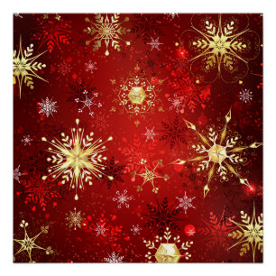 Christmas Golden Snowflakes on Red Background Poster