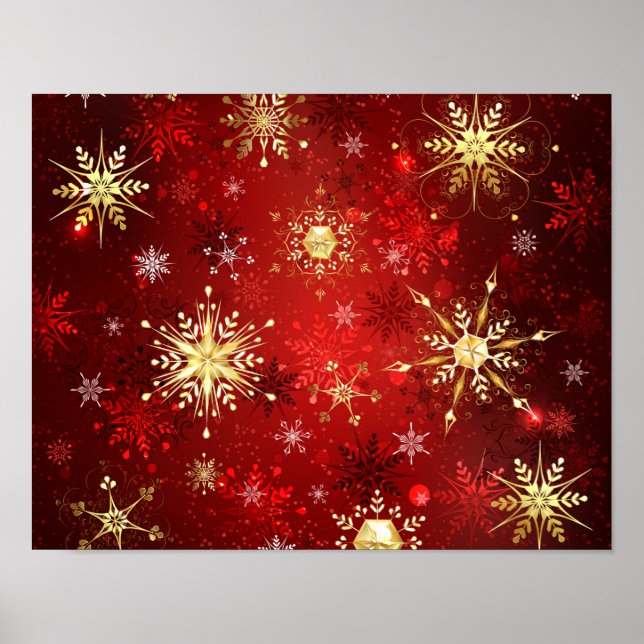 Christmas Golden Snowflakes on Red Background Poster (Front)