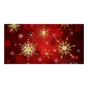 Christmas Golden Snowflakes on Red Background Poster