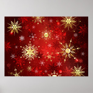 Christmas Golden Snowflakes on Red Background Poster