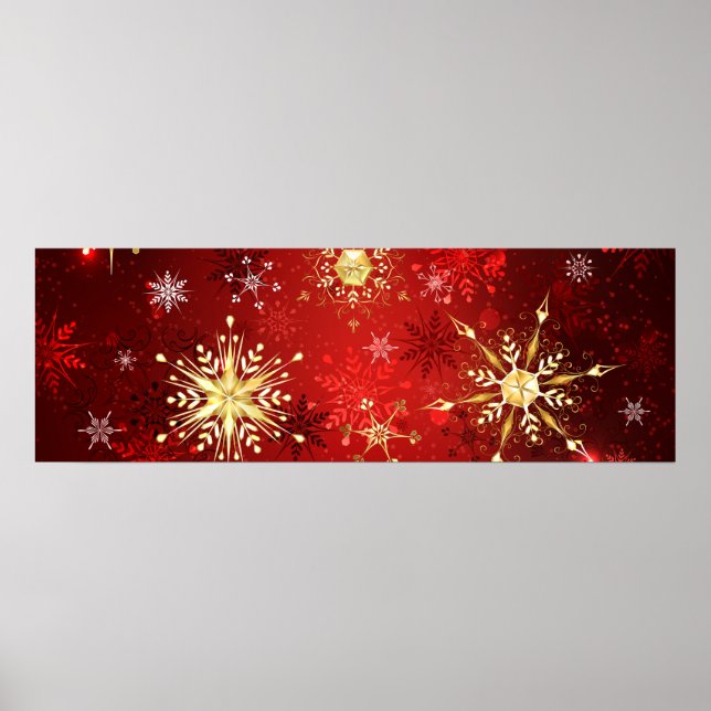 Christmas Golden Snowflakes on Red Background Poster (Front)