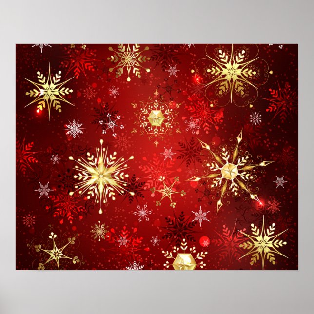 Christmas Golden Snowflakes on Red Background Poster (Front)