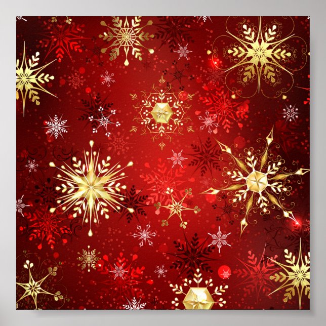 Christmas Golden Snowflakes on Red Background Poster (Front)