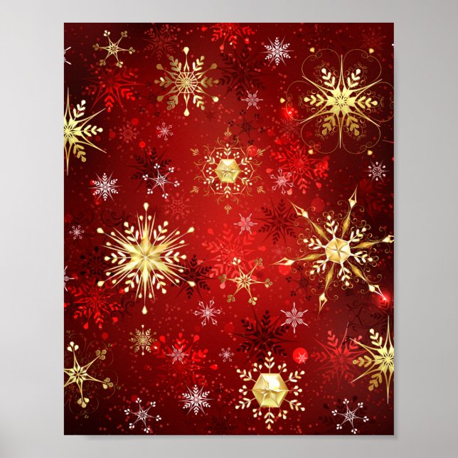 Christmas Golden Snowflakes on Red Background Poster (Front)