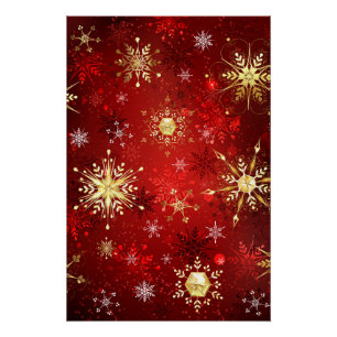 Christmas Golden Snowflakes on Red Background Poster