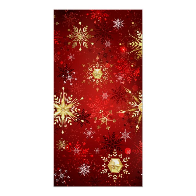 Christmas Golden Snowflakes on Red Background Poster (Front)
