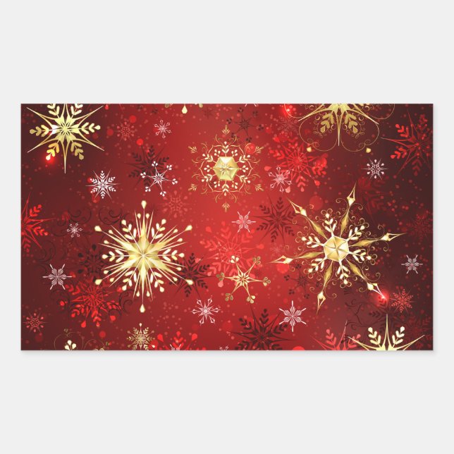 Christmas Golden Snowflakes on Red Background Rectangular Sticker (Front)