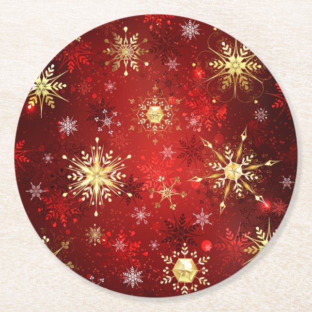 Christmas Golden Snowflakes on Red Background Round Paper Coaster (Front)