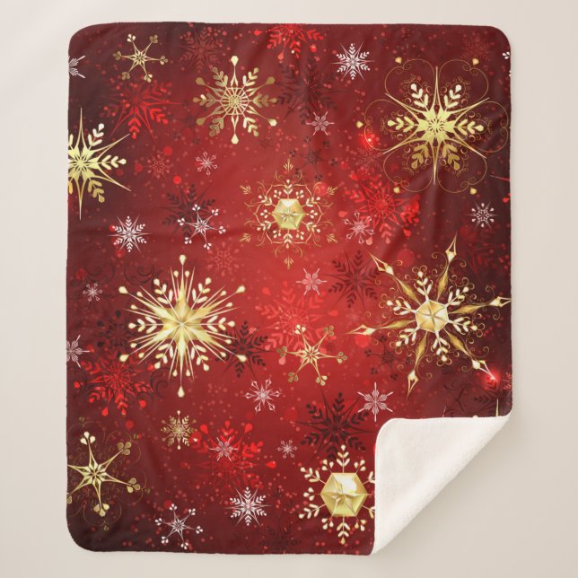 Christmas Golden Snowflakes on Red Background Sherpa Blanket (Front)