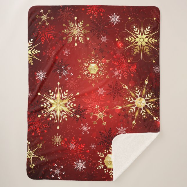 Christmas Golden Snowflakes on Red Background Sherpa Blanket (Front)
