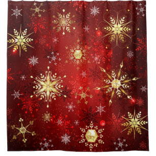 Christmas Golden Snowflakes on Red Background Shower Curtain