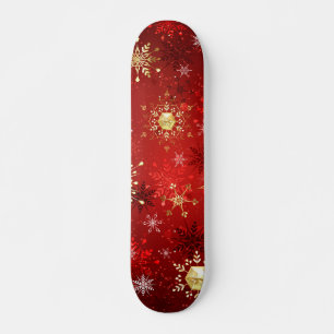 Christmas Golden Snowflakes on Red Background Skateboard