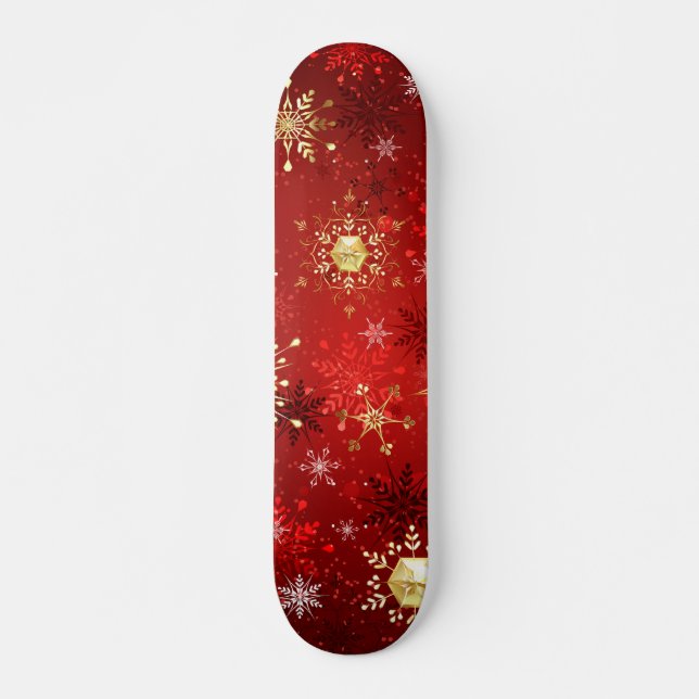 Christmas Golden Snowflakes on Red Background Skateboard (Front)