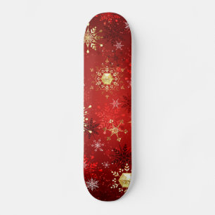 Christmas Golden Snowflakes on Red Background Skateboard
