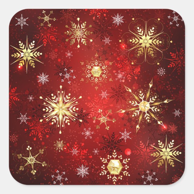 Christmas Golden Snowflakes on Red Background Square Sticker (Front)