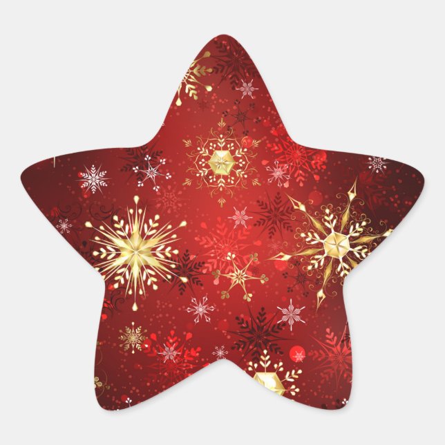 Christmas Golden Snowflakes on Red Background Star Sticker (Front)