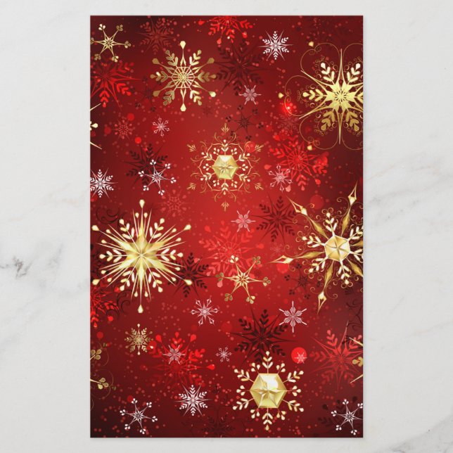 Christmas Golden Snowflakes on Red Background Stationery (Front)