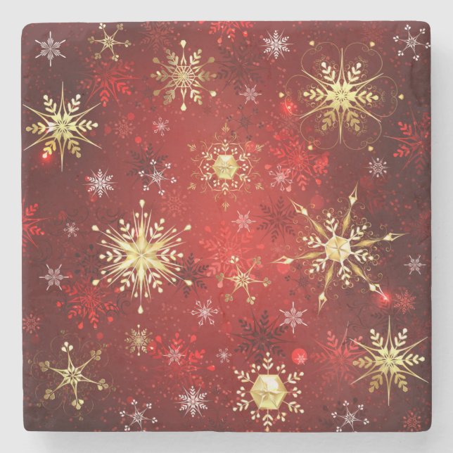 Christmas Golden Snowflakes on Red Background Stone Coaster (Front)