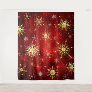 Christmas Golden Snowflakes on Red Background Tapestry