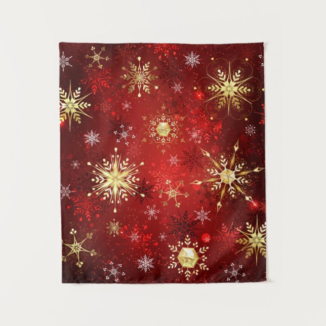 Christmas Golden Snowflakes on Red Background Tapestry (Front)