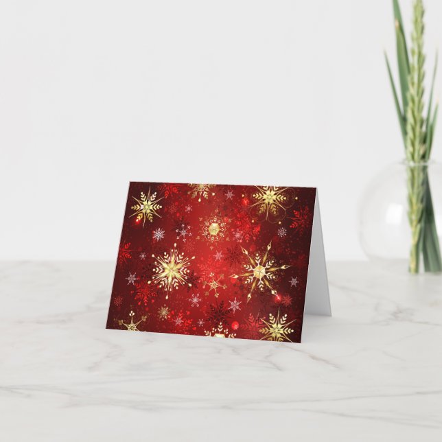 Christmas Golden Snowflakes on Red Background Thank You Card (Front)