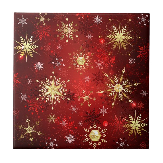 Christmas Golden Snowflakes on Red Background Tile (Front)