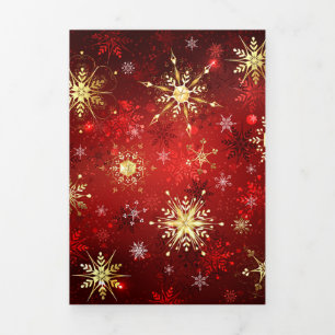 Christmas Golden Snowflakes on Red Background Tri-Fold Announcement