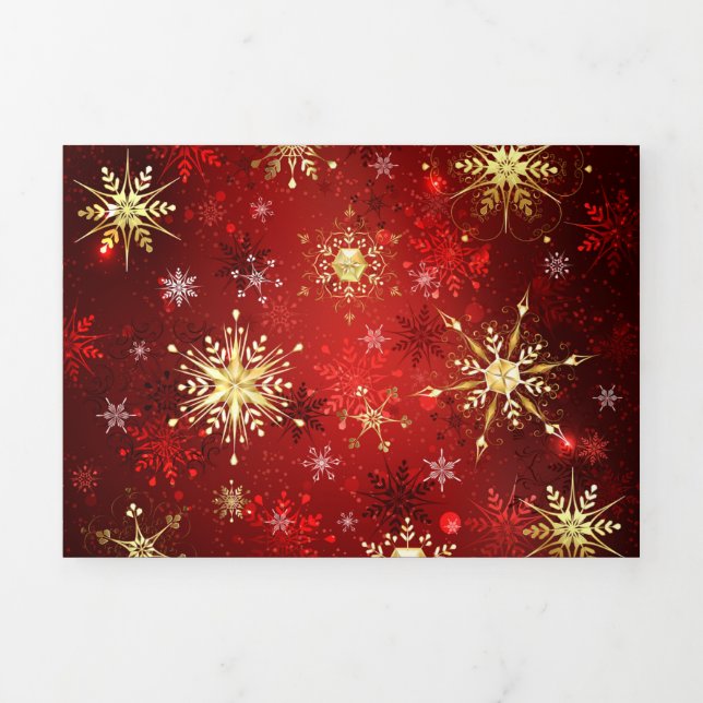 Christmas Golden Snowflakes on Red Background Tri-Fold Card (Cover)