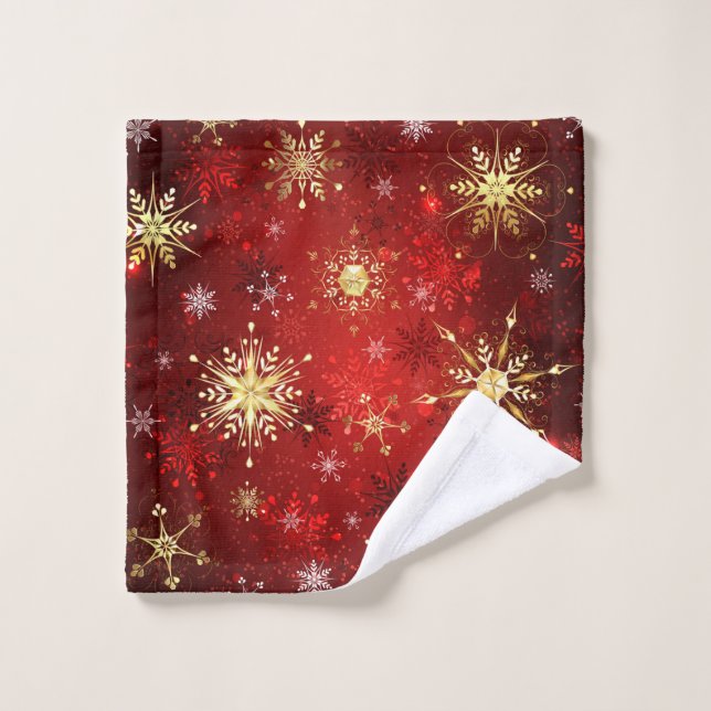 Christmas Golden Snowflakes on Red Background Wash Cloth (Wash Cloth)