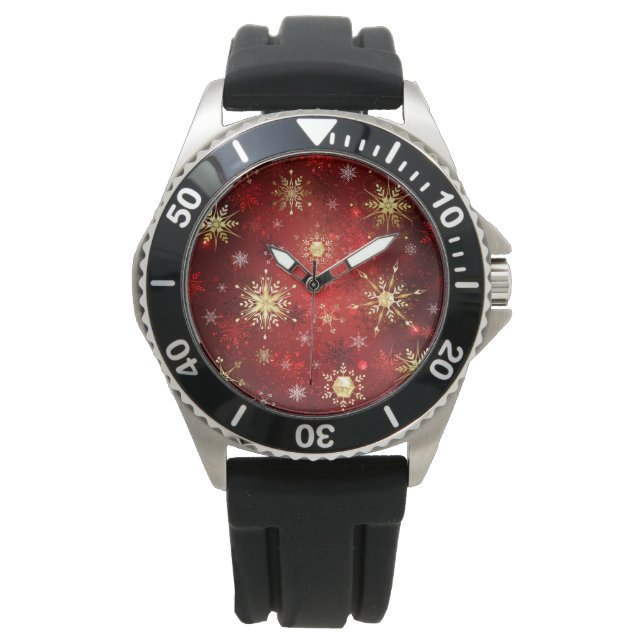 Christmas Golden Snowflakes on Red Background Watch (Front)
