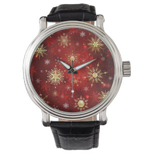 Christmas Golden Snowflakes on Red Background Watch