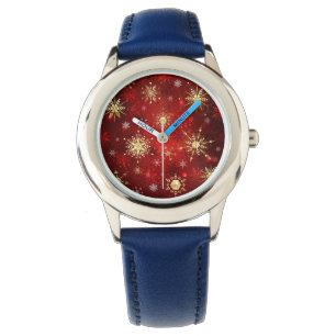 Christmas Golden Snowflakes on Red Background Watch