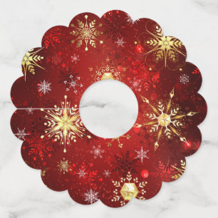 Christmas Golden Snowflakes on Red Background Wine Glass Tag